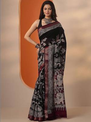 black printed saree with unstitched blouse piece 2