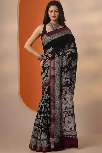 black printed saree with unstitched blouse piece