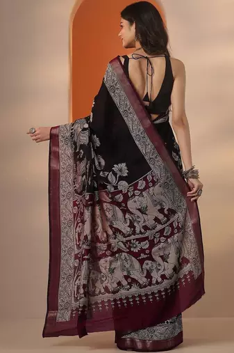 black printed saree with unstitched blouse piece