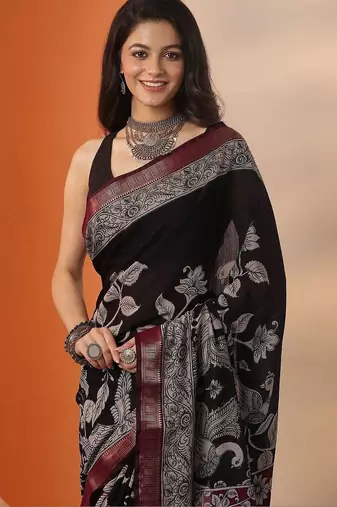 black printed saree with unstitched blouse piece