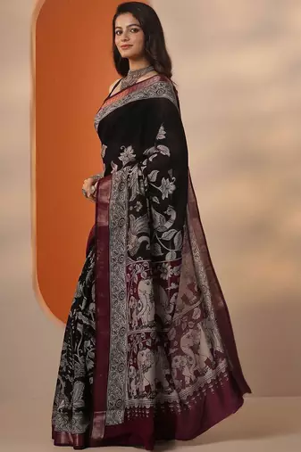 black printed saree with unstitched blouse piece
