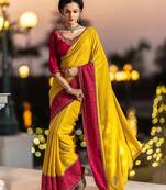 yellow embellished crepe saree with unstitched blouse piece
