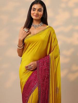 yellow embellished crepe saree with unstitched blouse piece 4