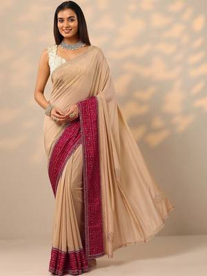 beige embellished crepe saree with unstitched blouse piece 1