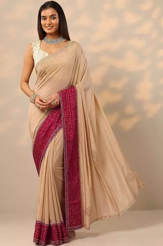 beige embellished crepe saree with unstitched blouse piece