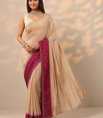 beige embellished crepe saree with unstitched blouse piece