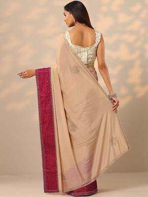 beige embellished crepe saree with unstitched blouse piece 2