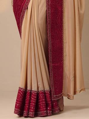 beige embellished crepe saree with unstitched blouse piece 3