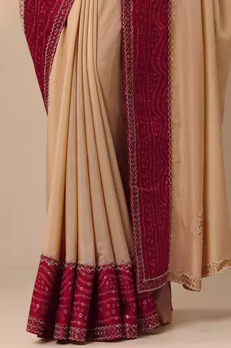 beige embellished crepe saree with unstitched blouse piece