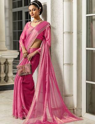 pink embellishments jimmy choo satin saree with unstitched blouse piece 1