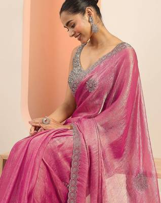 pink embellishments jimmy choo satin saree with unstitched blouse piece 2