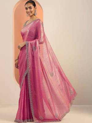 pink embellishments jimmy choo satin saree with unstitched blouse piece 3