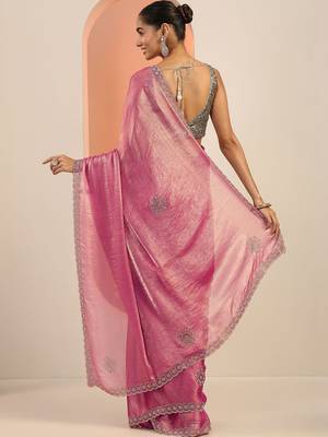 pink embellishments jimmy choo satin saree with unstitched blouse piece 4