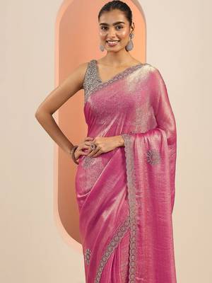 pink embellishments jimmy choo satin saree with unstitched blouse piece 5