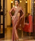 copper embellished satin sarees with unstitched blouse piece