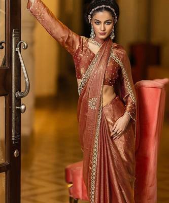 copper embellished satin sarees with unstitched blouse piece 2