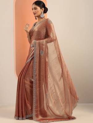 copper embellished satin sarees with unstitched blouse piece 3
