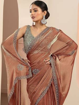 copper embellished satin sarees with unstitched blouse piece 5