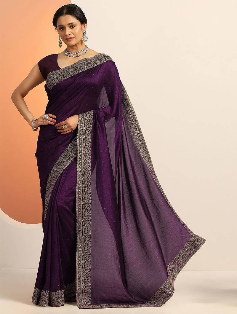 burgundy embellished saree with unstitched blouse piece