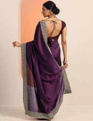 burgundy embellished saree with unstitched blouse piece 3