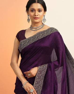 burgundy embellished saree with unstitched blouse piece 5