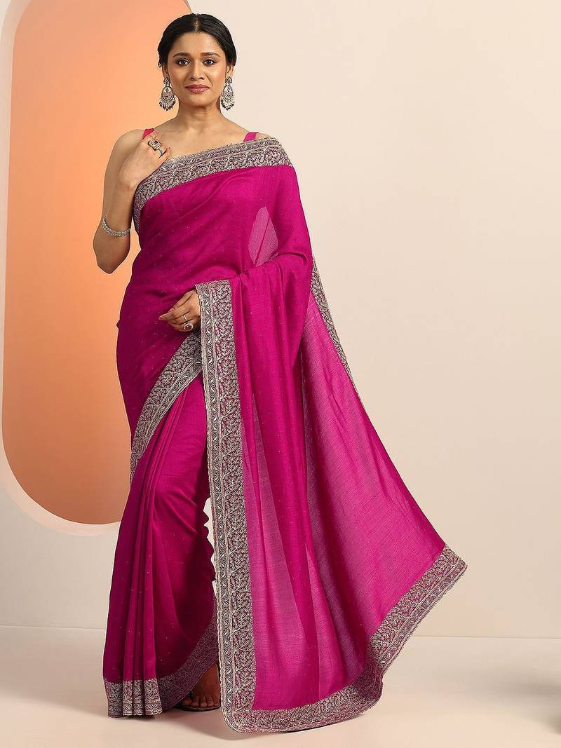 magenta embellished saree with unstitched blouse piece