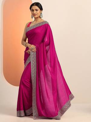 magenta embellished saree with unstitched blouse piece 2