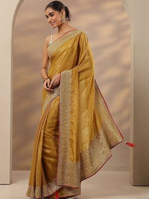 mustard embellished saree with unstitched blouse piece 2