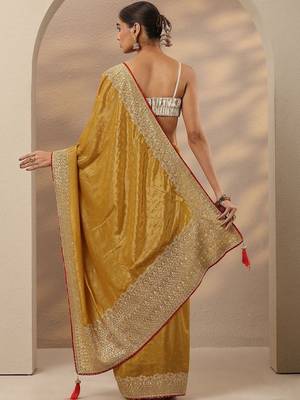 mustard embellished saree with unstitched blouse piece 3