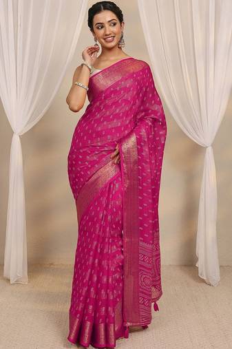 magenta ethnic woven design saree with unstitched blouse piece