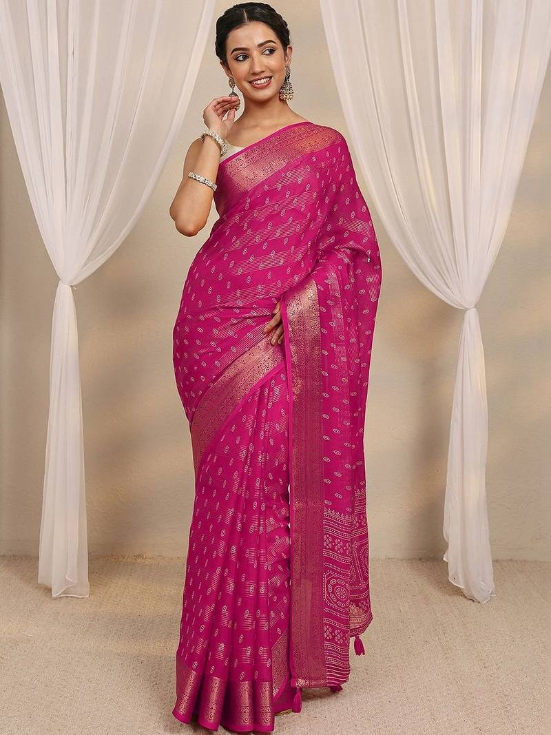 magenta ethnic woven design saree with unstitched blouse piece