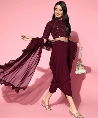 burgundy solid saree with embellished blouse 1