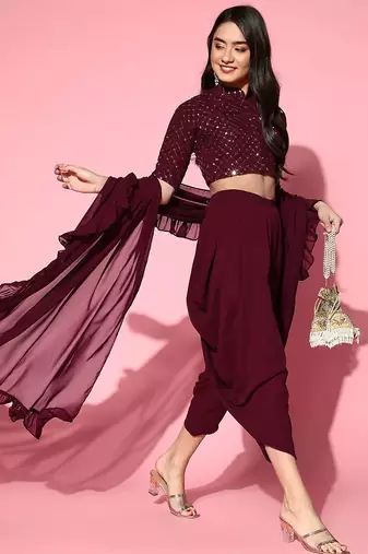 burgundy solid saree with embellished blouse
