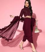 burgundy solid saree with embellished blouse