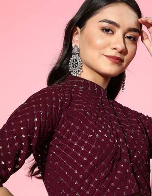 burgundy solid saree with embellished blouse 2