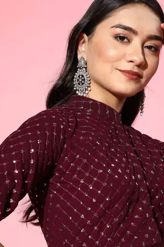 burgundy solid saree with embellished blouse