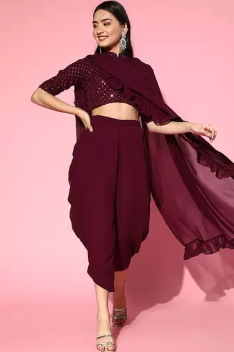 burgundy solid saree with embellished blouse