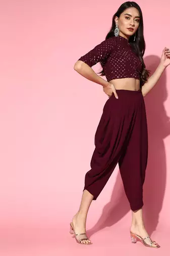 burgundy solid saree with embellished blouse