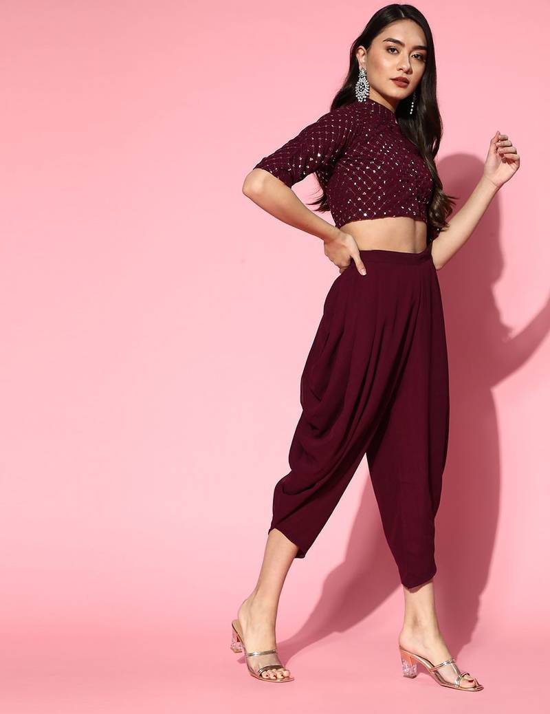 burgundy solid saree with embellished blouse