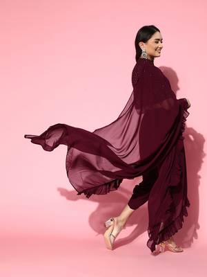 burgundy solid saree with embellished blouse 5