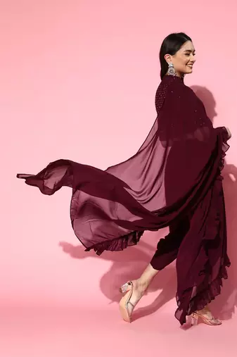 burgundy solid saree with embellished blouse