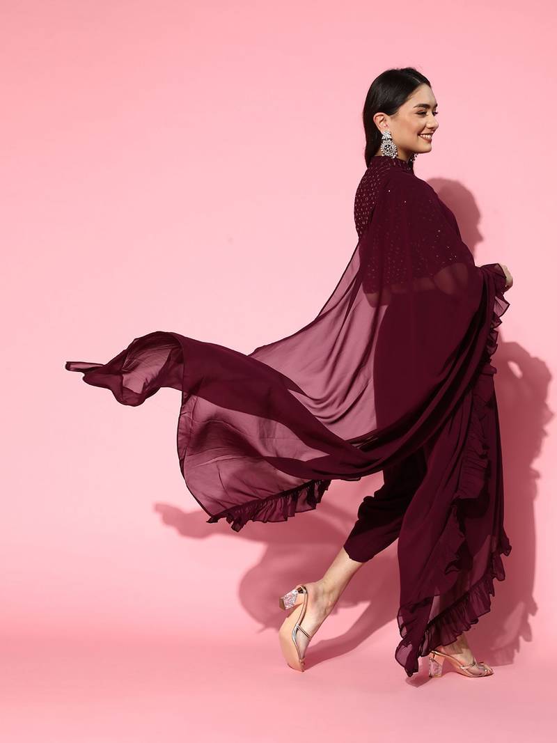 burgundy solid saree with embellished blouse
