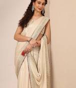 off white embellished saree with unstitched blouse piece