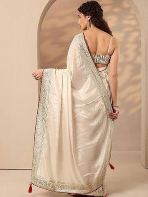 off white embellished saree with unstitched blouse piece 3