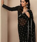 black embroidered georgette saree with unstitched blouse piece