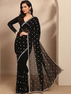 black embroidered georgette saree with unstitched blouse piece 2