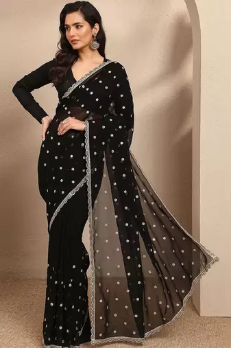 black embroidered georgette saree with unstitched blouse piece