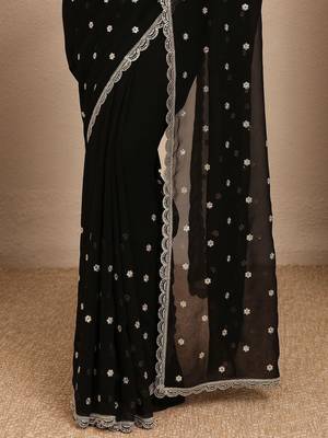black embroidered georgette saree with unstitched blouse piece 4