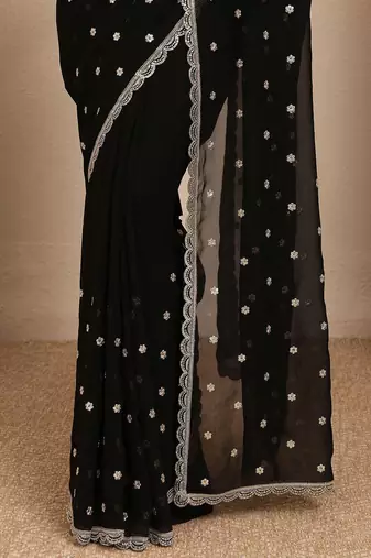 black embroidered georgette saree with unstitched blouse piece