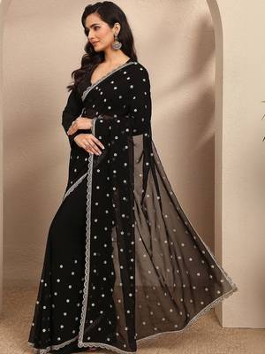 black embroidered georgette saree with unstitched blouse piece 5